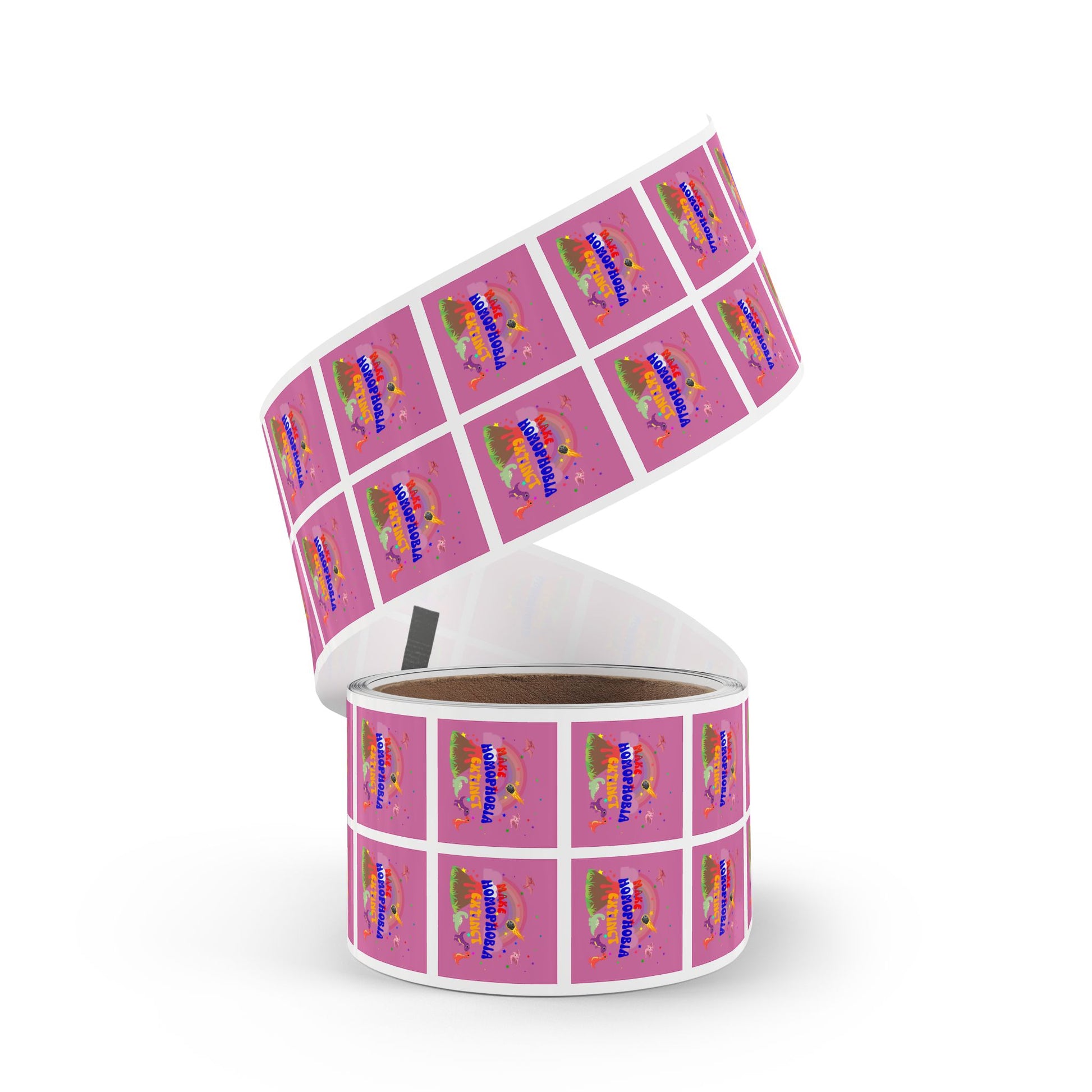 Minimalist pink dinosaur sticker with “Make Homophobia Extinct” text—perfect for laptops, water bottles, and Pride celebrations.