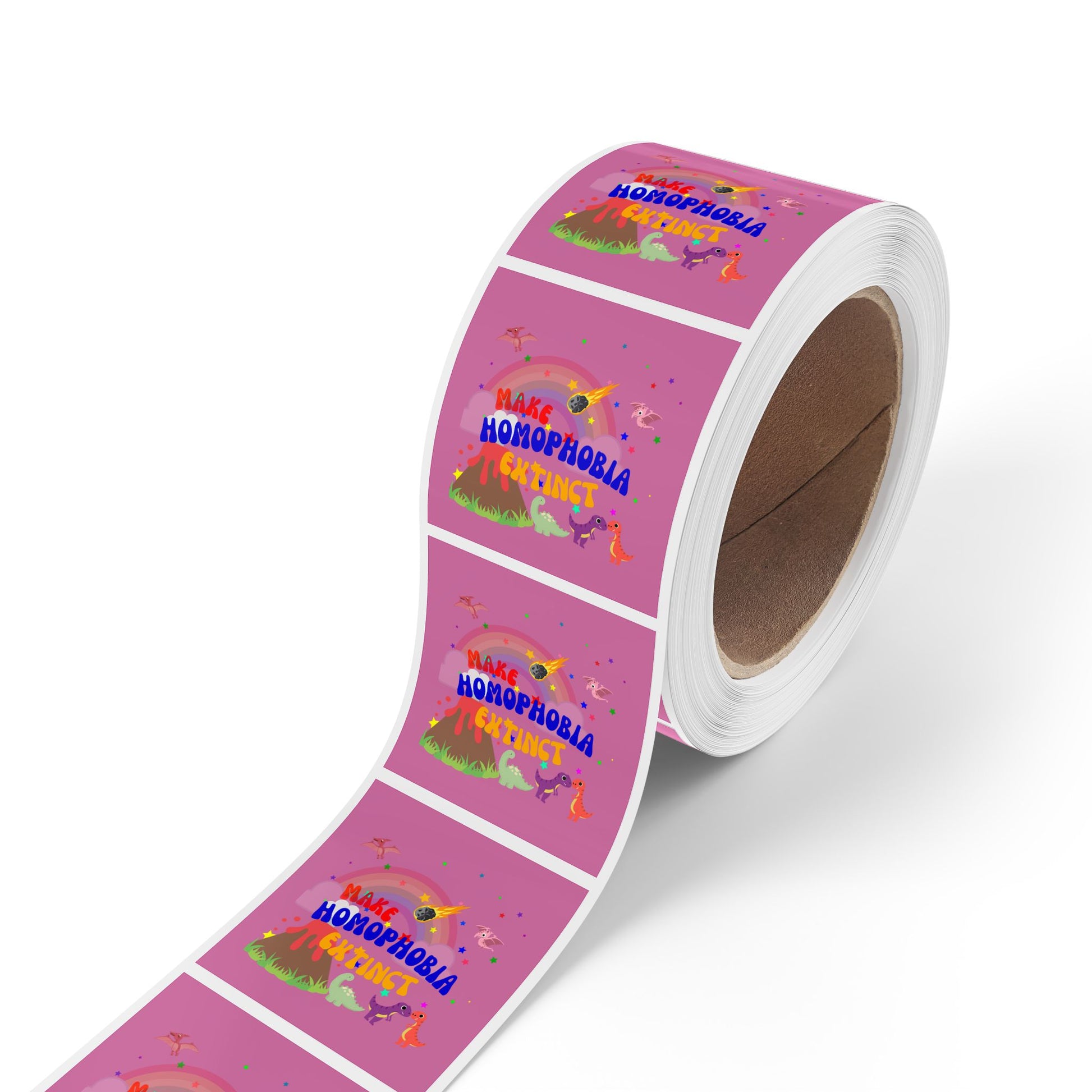 Playful Pride sticker with a pink dinosaur and “Make Homophobia Extinct” phrase—vibrant, fun, and empowering.