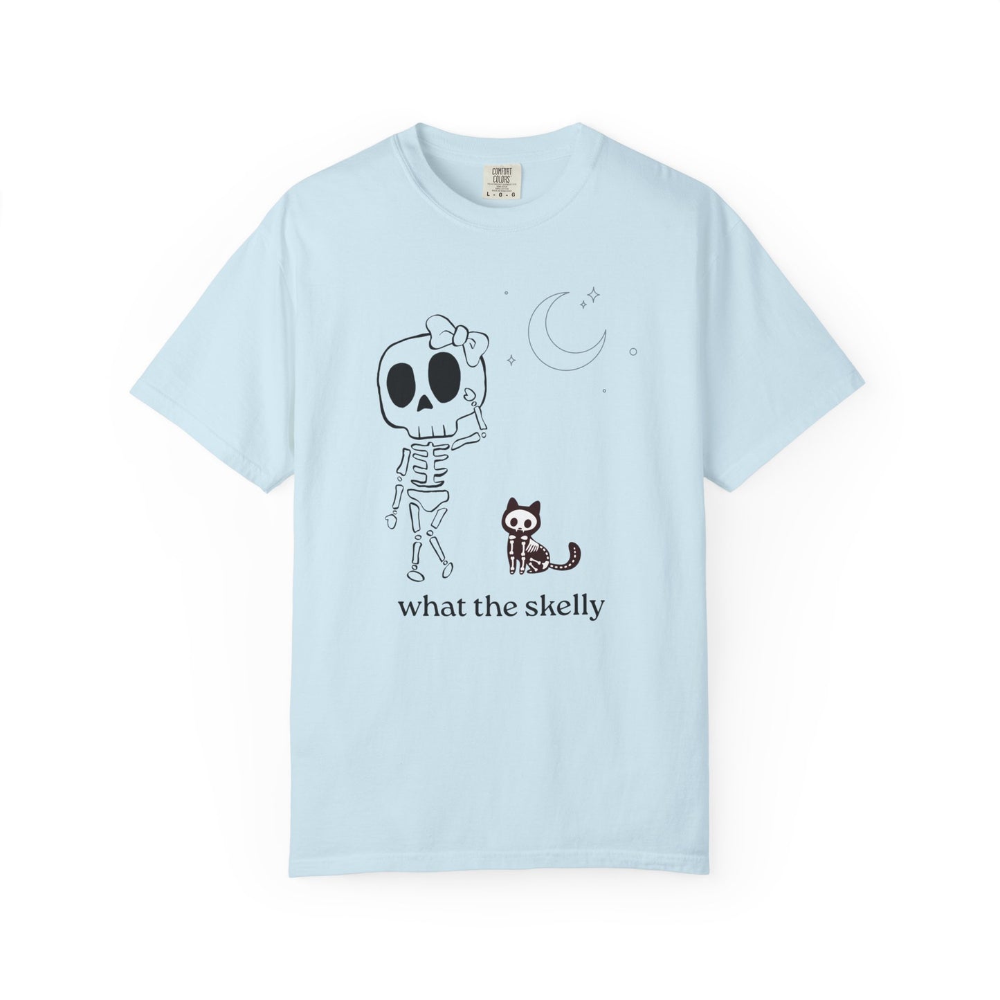 Light blue Halloween tee with skeleton and cat graphic, perfect for whimsical October outfits and spooky season layering.