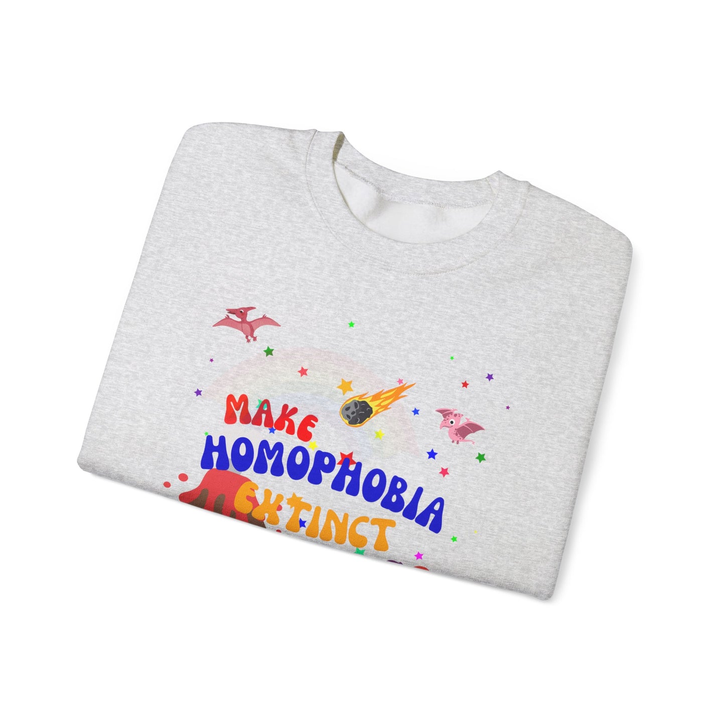 Soft light gray LGBTQ+ crewneck sweatshirt showcasing dinosaurs and “Make Homophobia Extinct” message—perfect for spreading love and inclusivity.