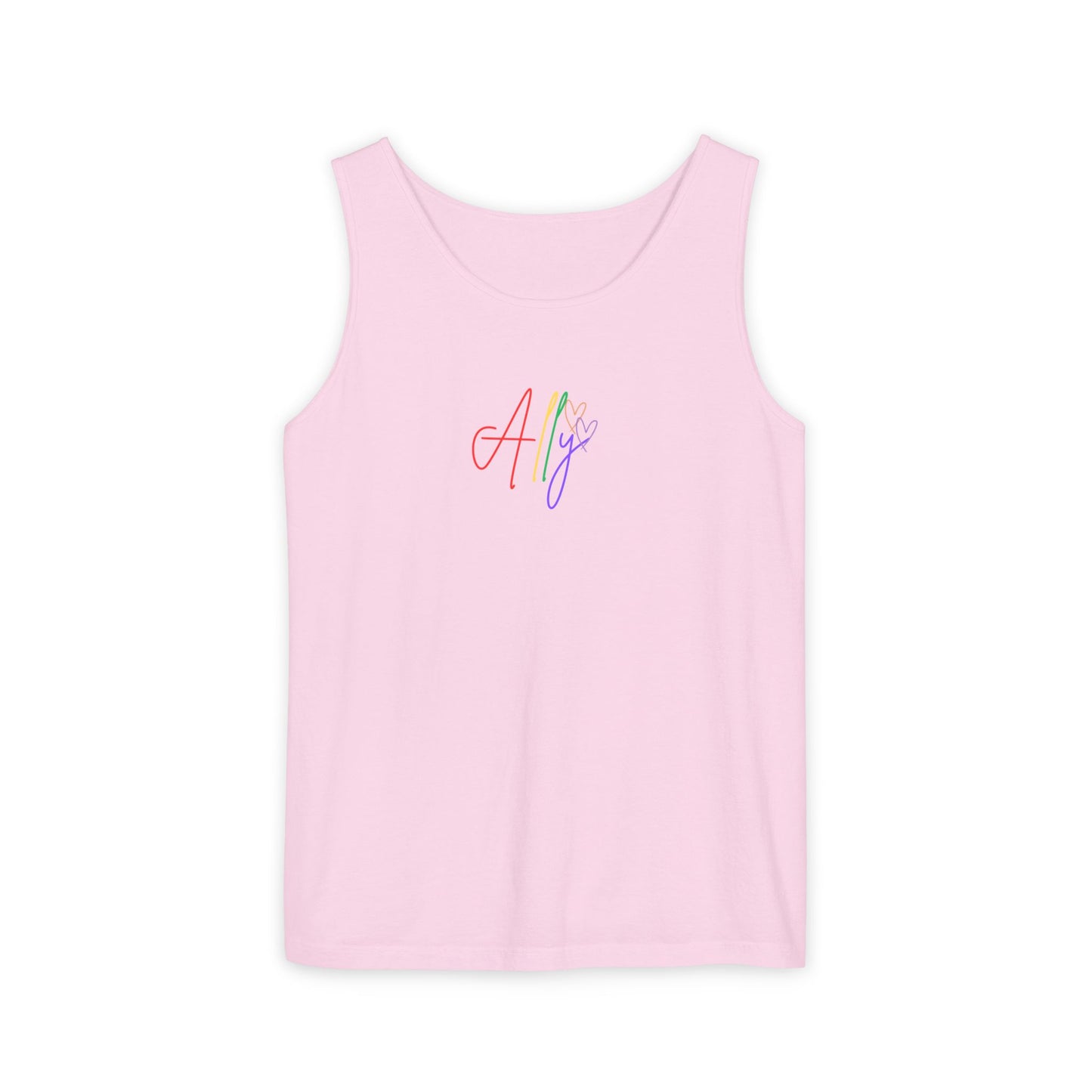 A light pink unisex tank with bold rainbow "Ally" lettering, radiating positivity, empowerment, and LGBTQ+ allyship in a fresh, stylish design.