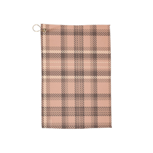 A soft pastel pink plaid golf towel with subtle retro charm. Feminine yet sporty, perfect for golfers who love a light, breezy aesthetic
