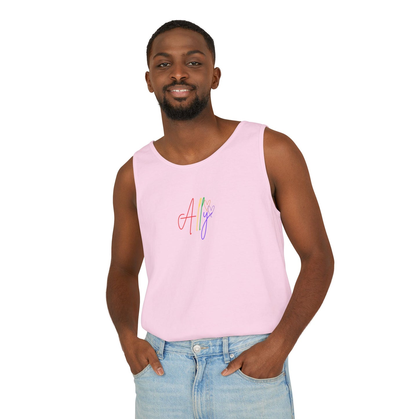 Light Pink Unisex Ally Pride Tank – A soft pastel pink sleeveless tank featuring bold rainbow cursive "Ally," celebrating inclusivity and LGBTQ+ support in style