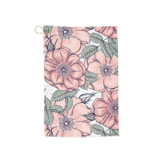 A delicate pink floral golf towel featuring soft, dreamy blooms in a lush garden-inspired design. Romantic, vintage-chic, and perfect for golfers who love a graceful aesthetic.