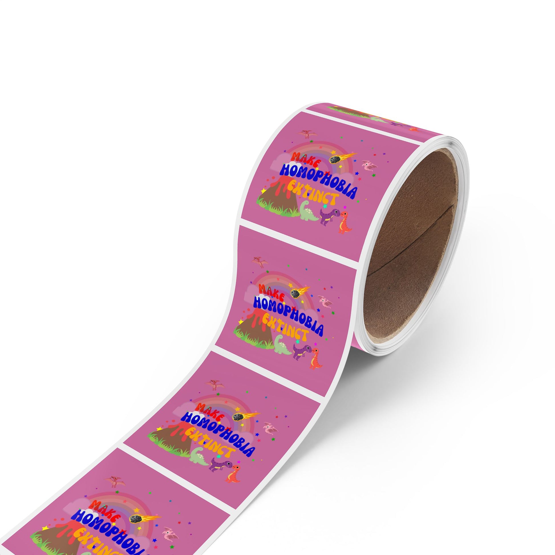 Bright pink dinosaur sticker with “Make Homophobia Extinct” in bold font—fun, fierce, and full of LGBTQ+ pride
