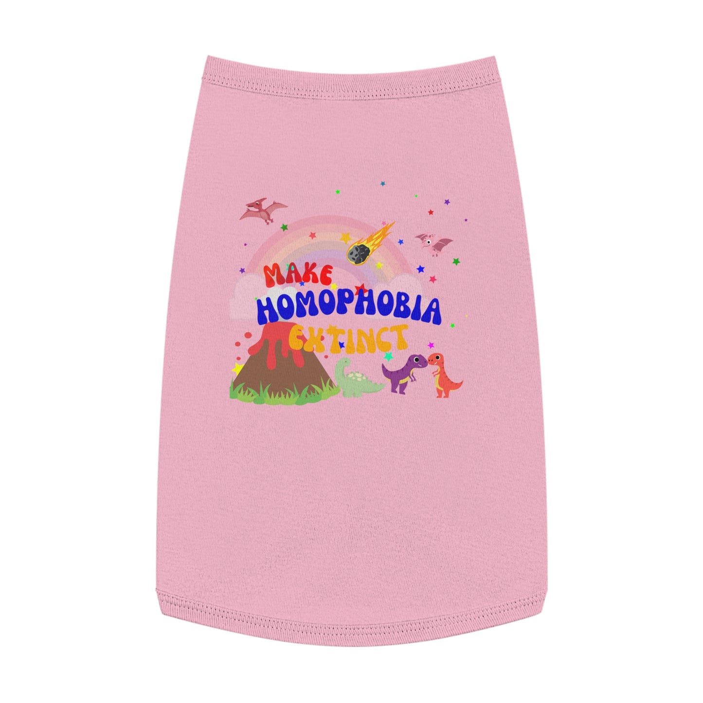 Bright pink t-shirt featuring a playful dinosaur and a cute dog with “Make Homophobia Extinct” text—fun, bold, and full of LGBTQ+ pride.