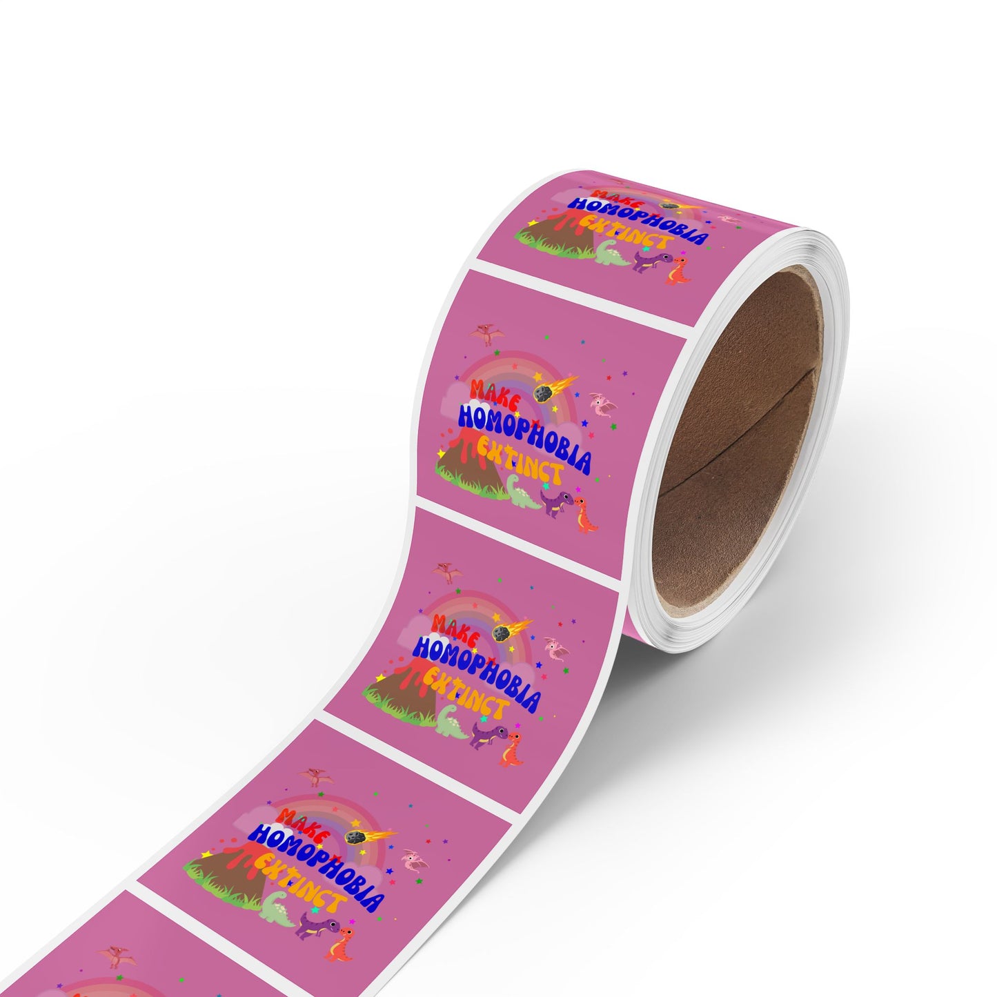 Bright pink Pride sticker featuring a playful dinosaur and “Make Homophobia Extinct” message—fun, bold, and empowering.
