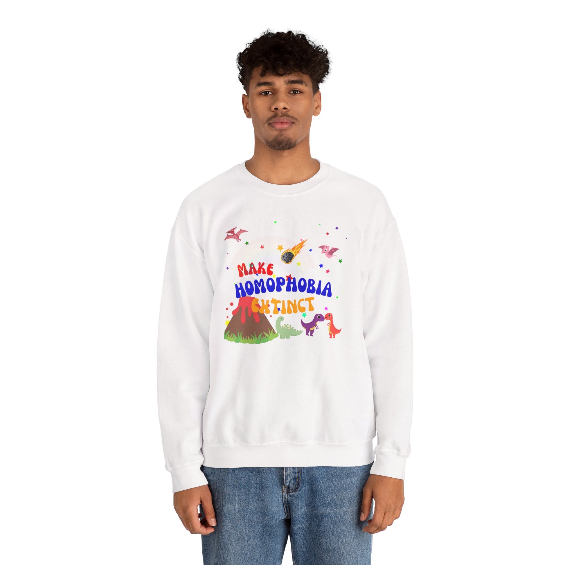 Classic white crewneck sweatshirt featuring playful dinosaurs and “Make Homophobia Extinct” text—bold, stylish, and full of LGBTQ+ pride.
