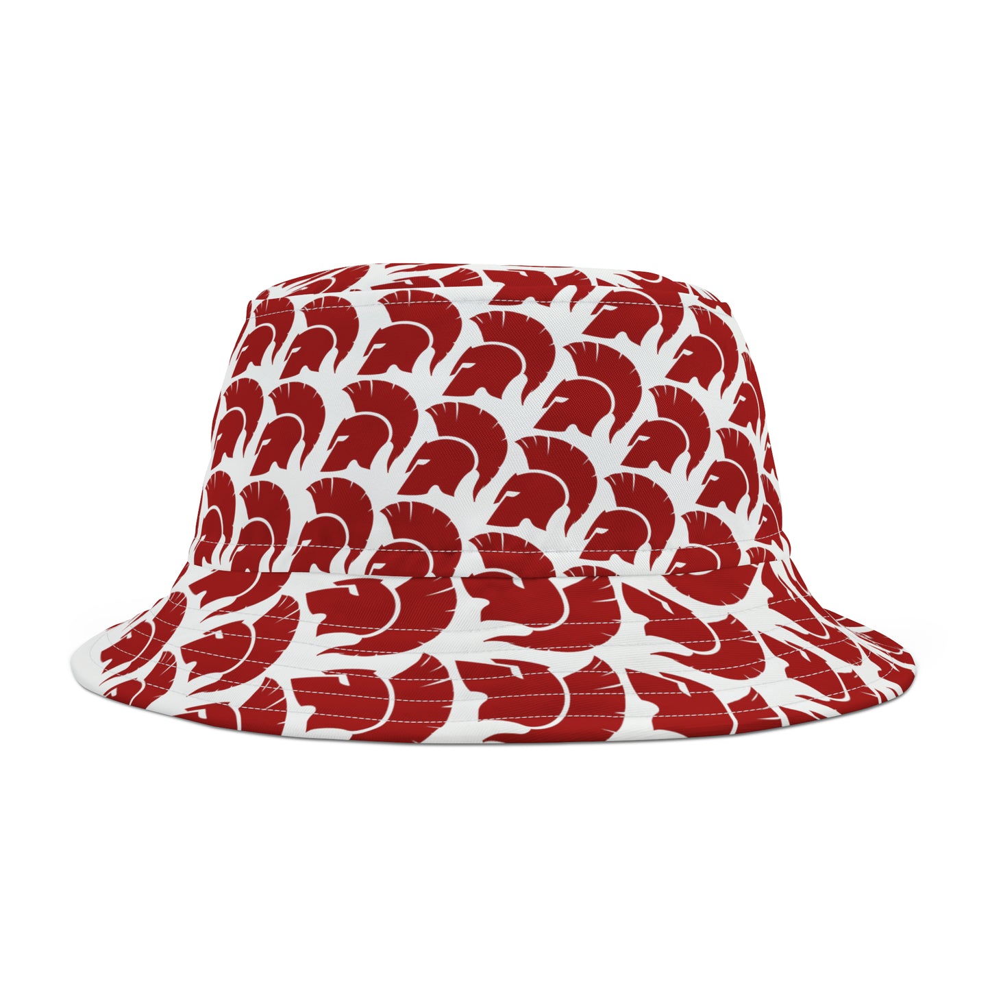 Mascot Trojan bucket hat in cardinal and gold with retro-style graphic—styled for USC-inspired gameday girls with bold, trademark-free flair