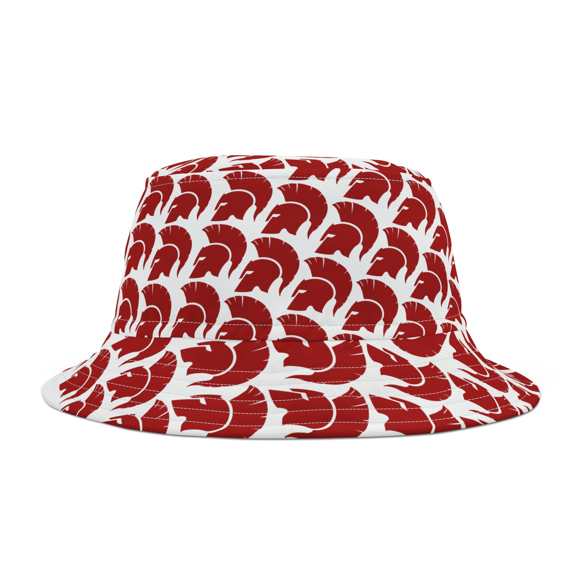 Mascot Trojan bucket hat in cardinal and gold with retro-style graphic—styled for USC-inspired gameday girls with bold, trademark-free flair