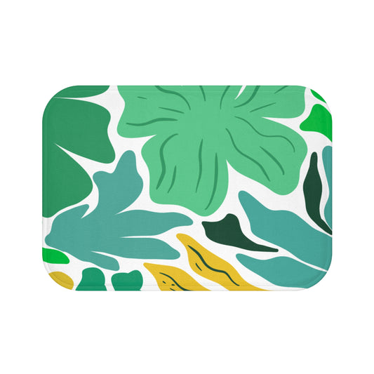 Maximalist yellow and green floral bath mat styled in college dorm bathroom