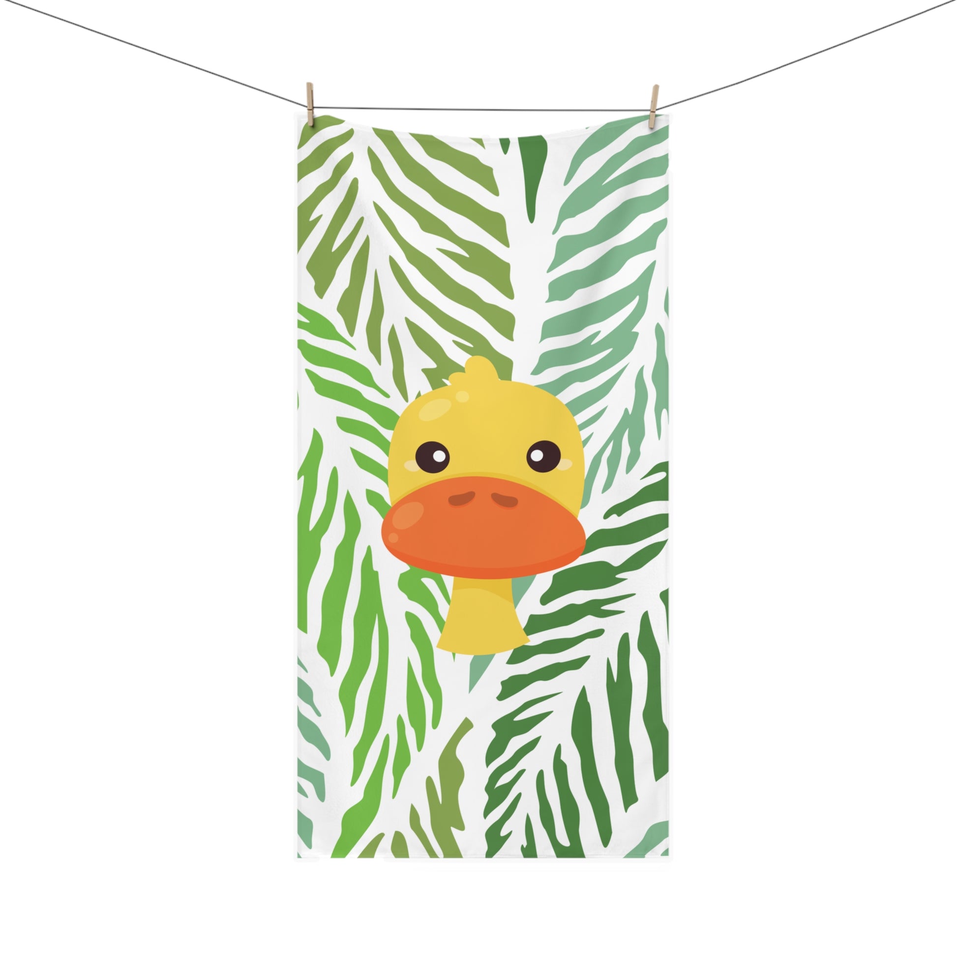 Bathroom towel featuring expressive duck in bold jungle scene with green and gold palette – maximalist tropical decor for playful homes
