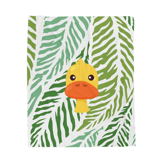 Maximalist jungle-themed plush blanket with duck print styled in colorful dorm room