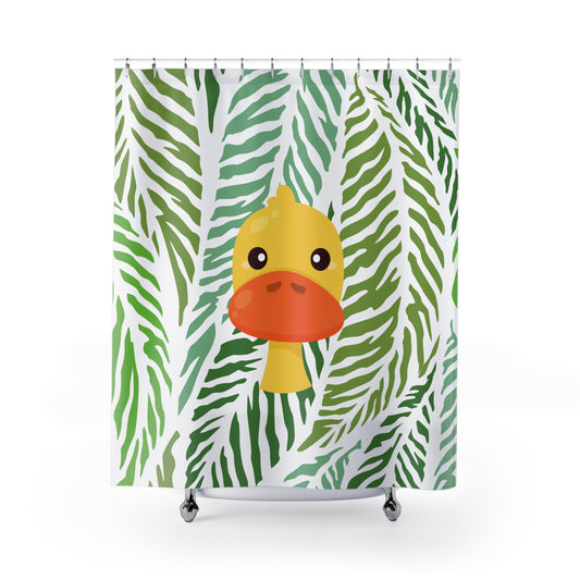 Maximalist jungle-style shower curtain with tropical leaves and duck motif for college dorm bathrooms