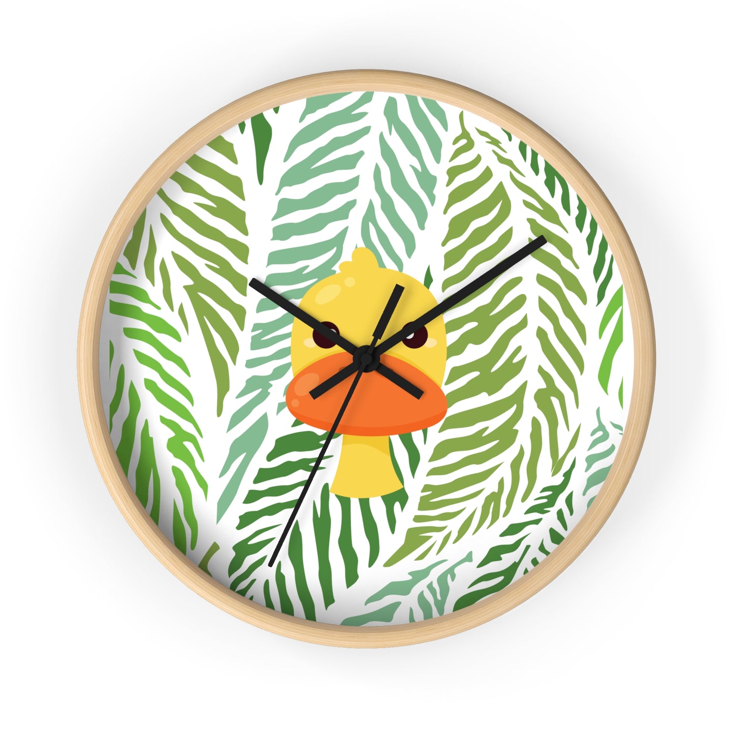 Maximalist wall clock featuring vibrant jungle foliage and a quirky duck illustration, styled on a dorm wall with colorful decor