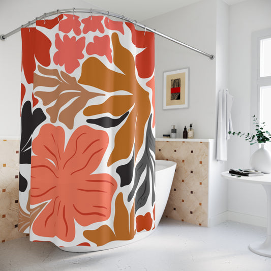 Front view of orange and black maximalist floral shower curtain hanging in a bold, modern bathroom