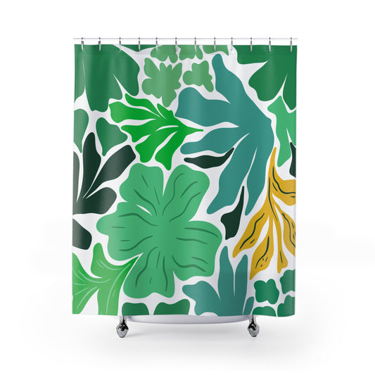 Maximalist yellow and green shower curtain with bold tropical floral pattern for college dorm bathroom