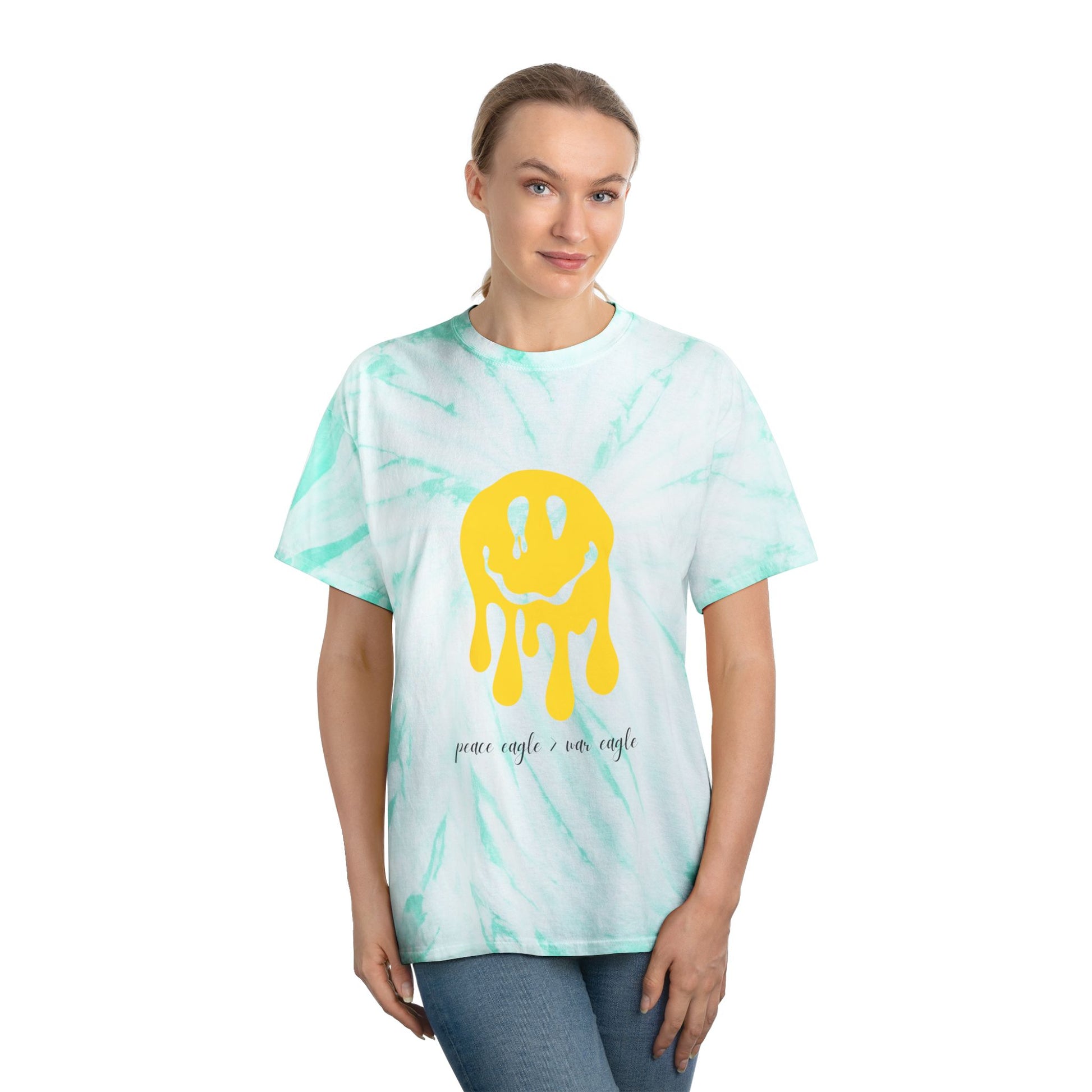 Front and back view of yellow and green tie-dye Peace Eagle tee featuring melting smiley and bold rivalry message for Oregon fans.