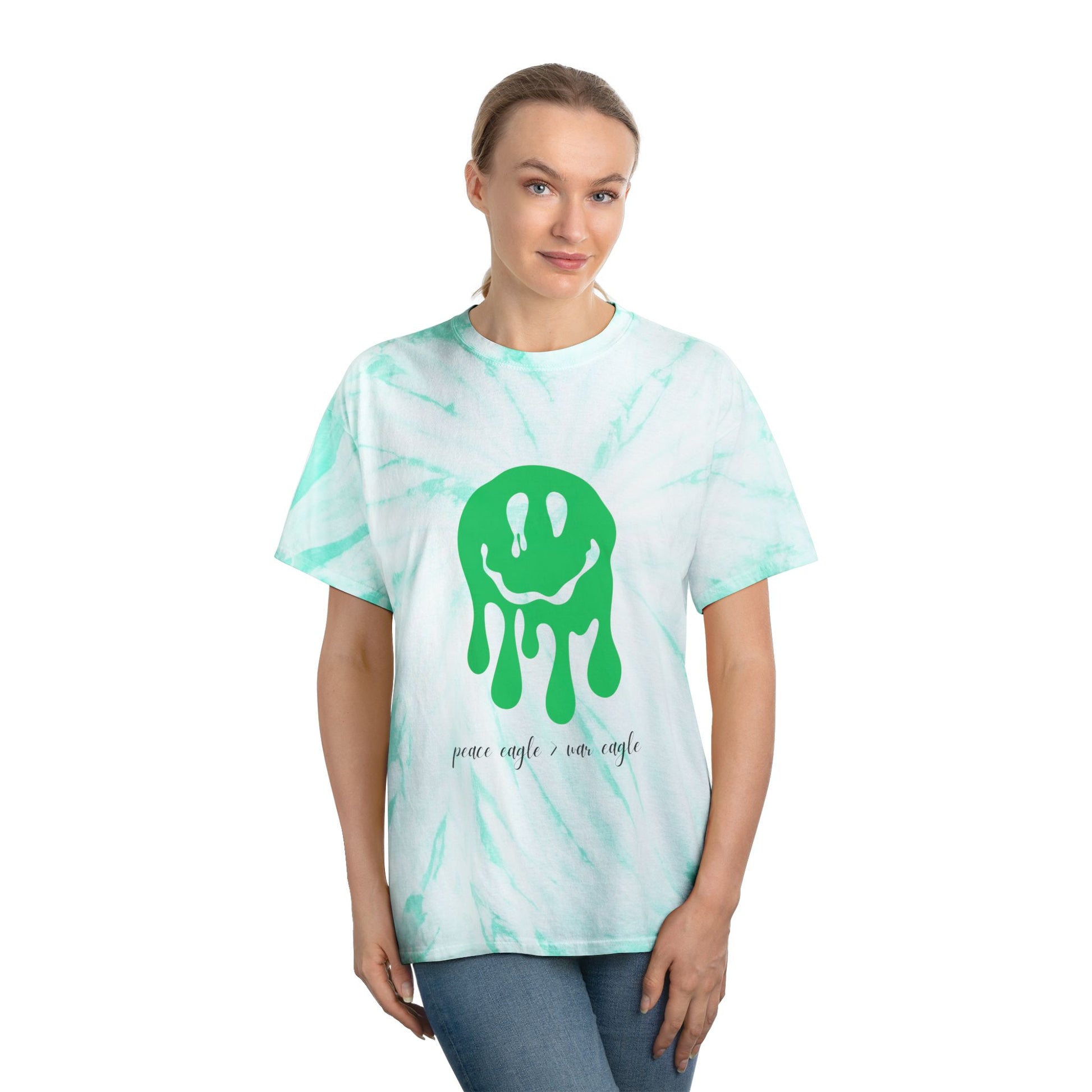 Front and back view of yellow and green tie-dye Peace Eagle tee featuring melting smiley and bold rivalry message for Oregon fans.