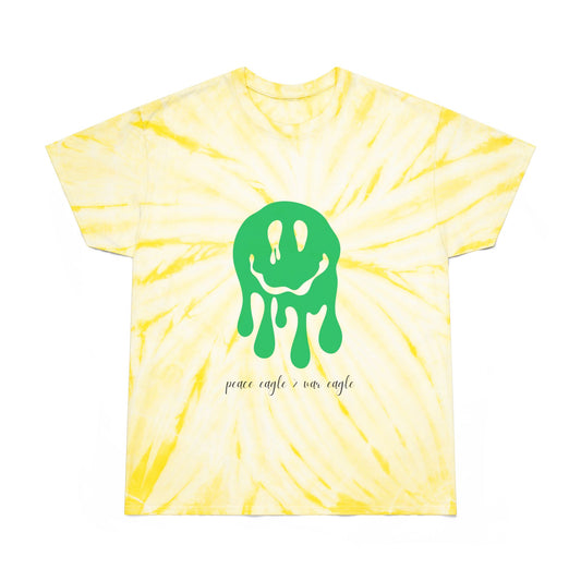 Yellow and green tie-dye tee with melting smiley graphic and “peace eagle > war eagle” message, styled for playful Oregon football fans.