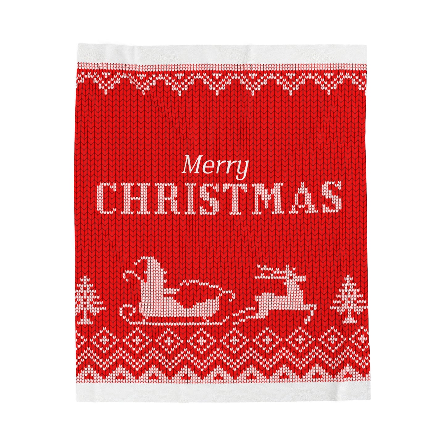Flat lay of red Christmas blanket with white ‘Merry Christmas’ text on soft fleece or sherpa fabric