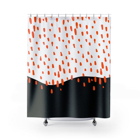 Front view of black and orange Mid-Century Modern shower curtain hanging in a retro-styled bathroom
