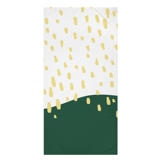 Soft green and yellow towel with mid-century design for college dorm bathrooms