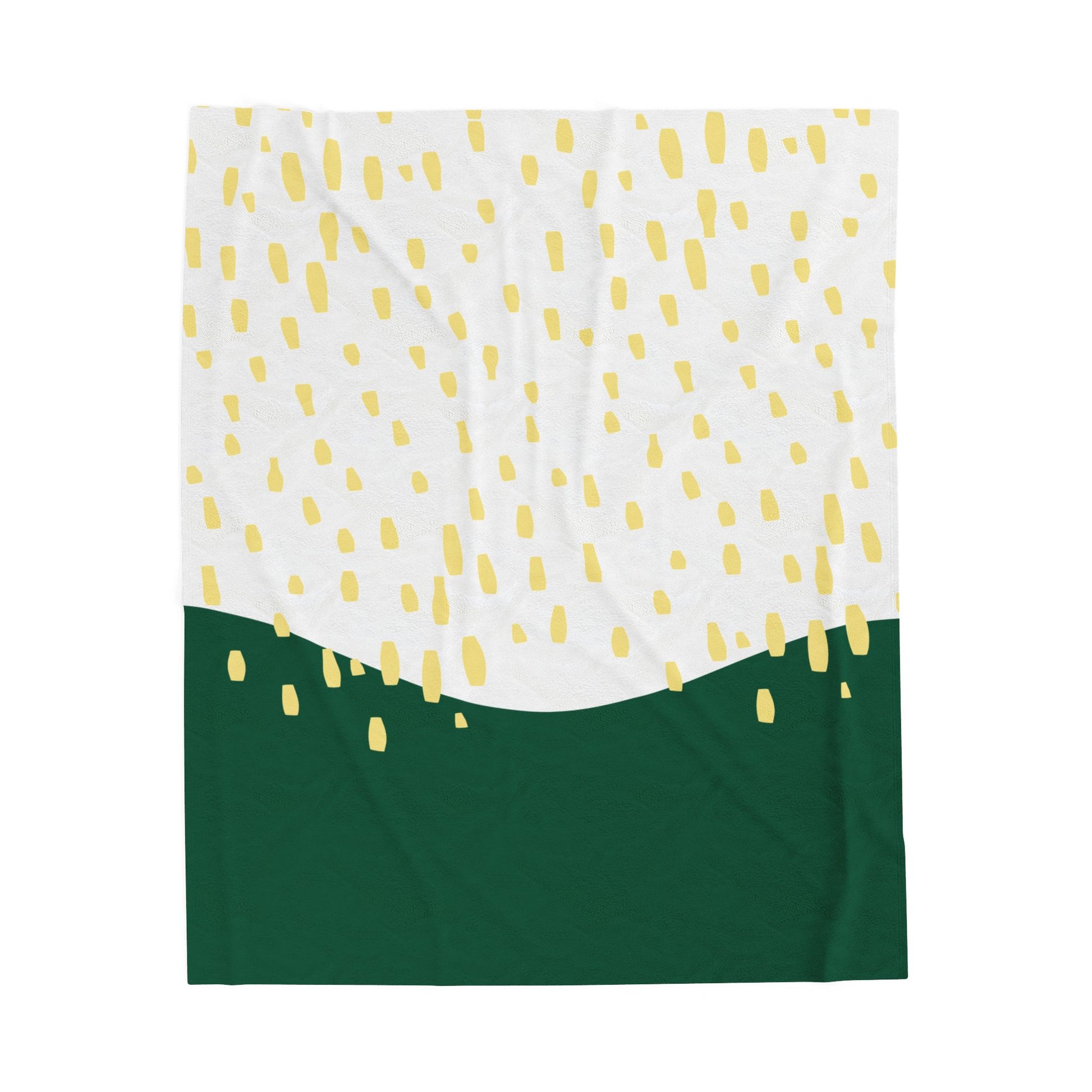 Midcentury-style plush blanket with green and yellow abstract rain pattern on retro-styled bedding