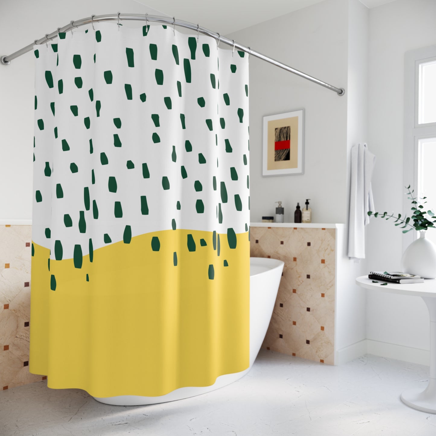 Mid-century modern shower decor featuring retro rain print for student bathroom style