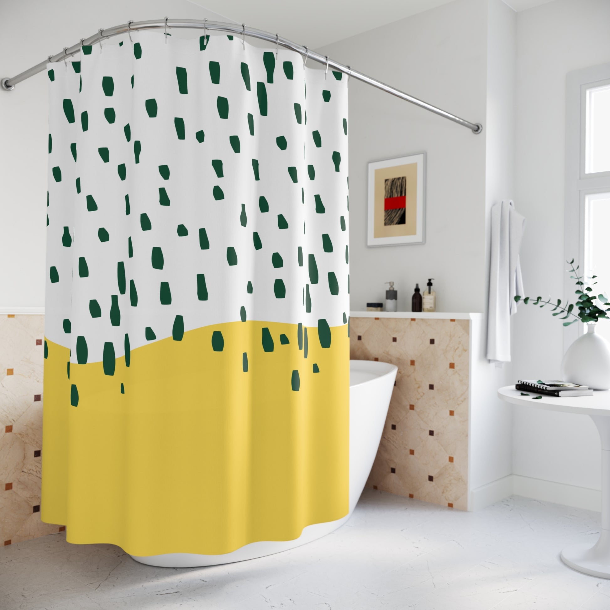 Mid-century modern shower decor featuring retro rain print for student bathroom style