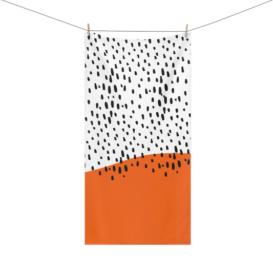 Front view of orange and black midcentury rain bath towel