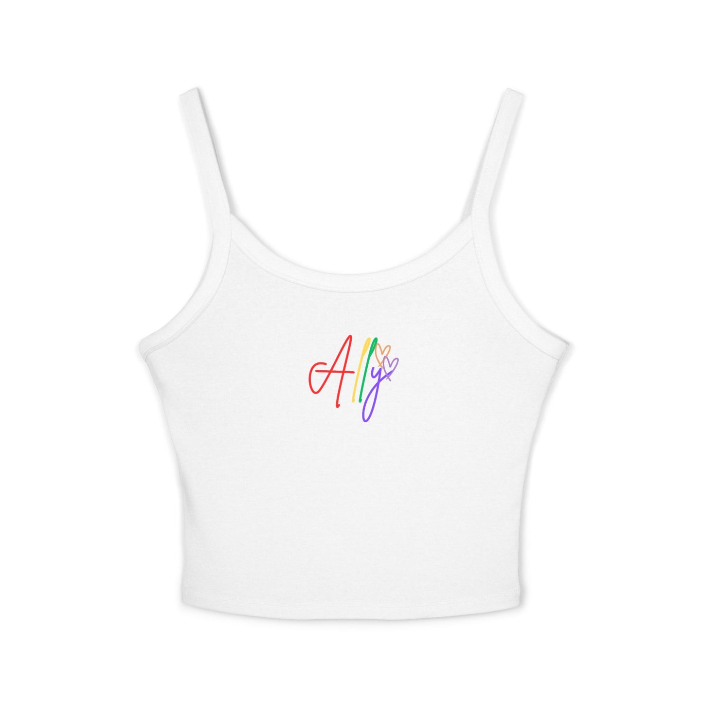 Minimalist White Ally Tank – A clean, crisp white sleeveless tank featuring vibrant rainbow cursive "Ally," celebrating LGBTQ+ pride with a timeless style.