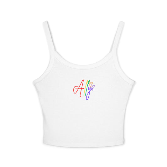 Minimalist White Ally Tank – A clean, crisp white sleeveless tank featuring vibrant rainbow cursive "Ally," celebrating LGBTQ+ pride with a timeless style.