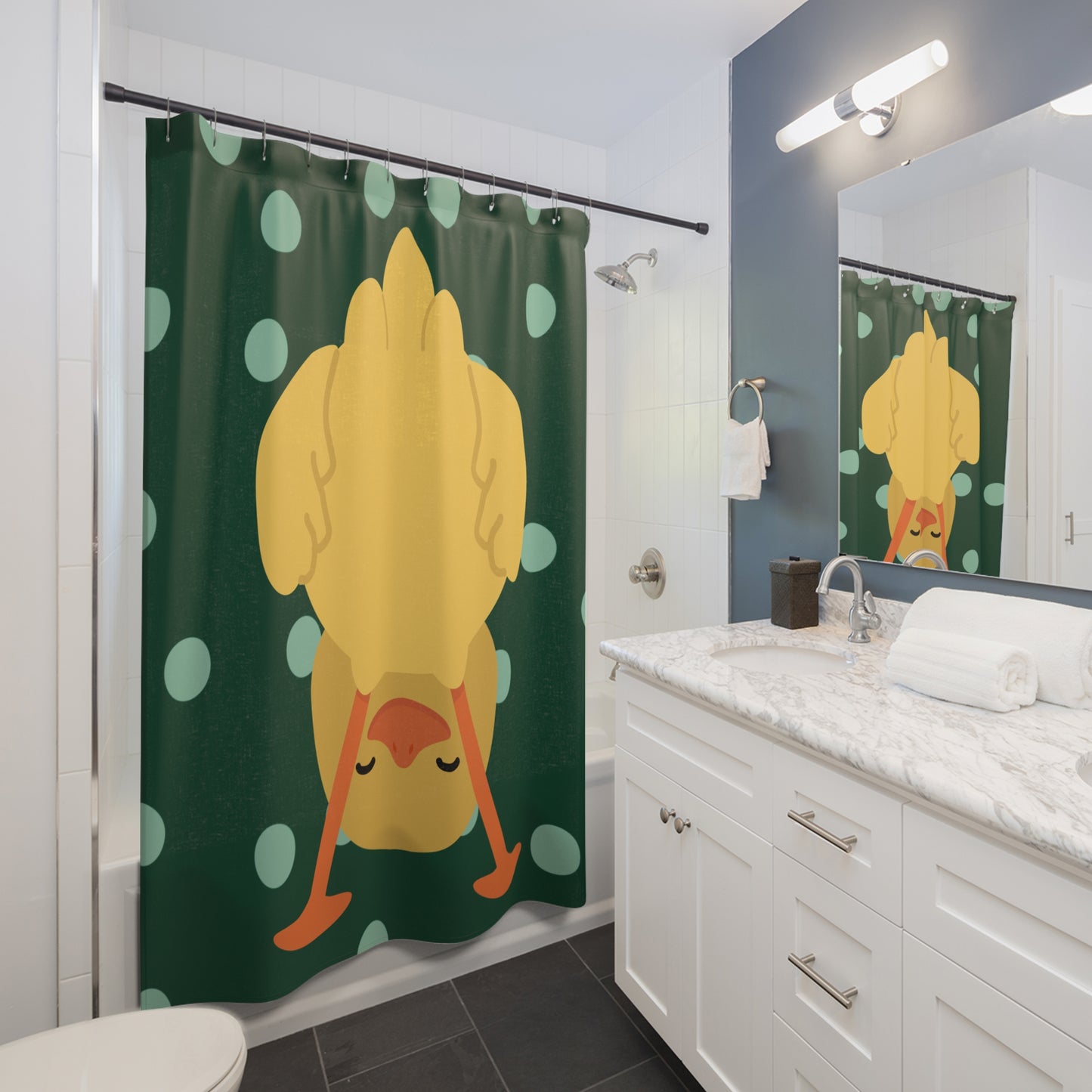 Funny student bathroom decor featuring duck on green polka background, perfect for dorms