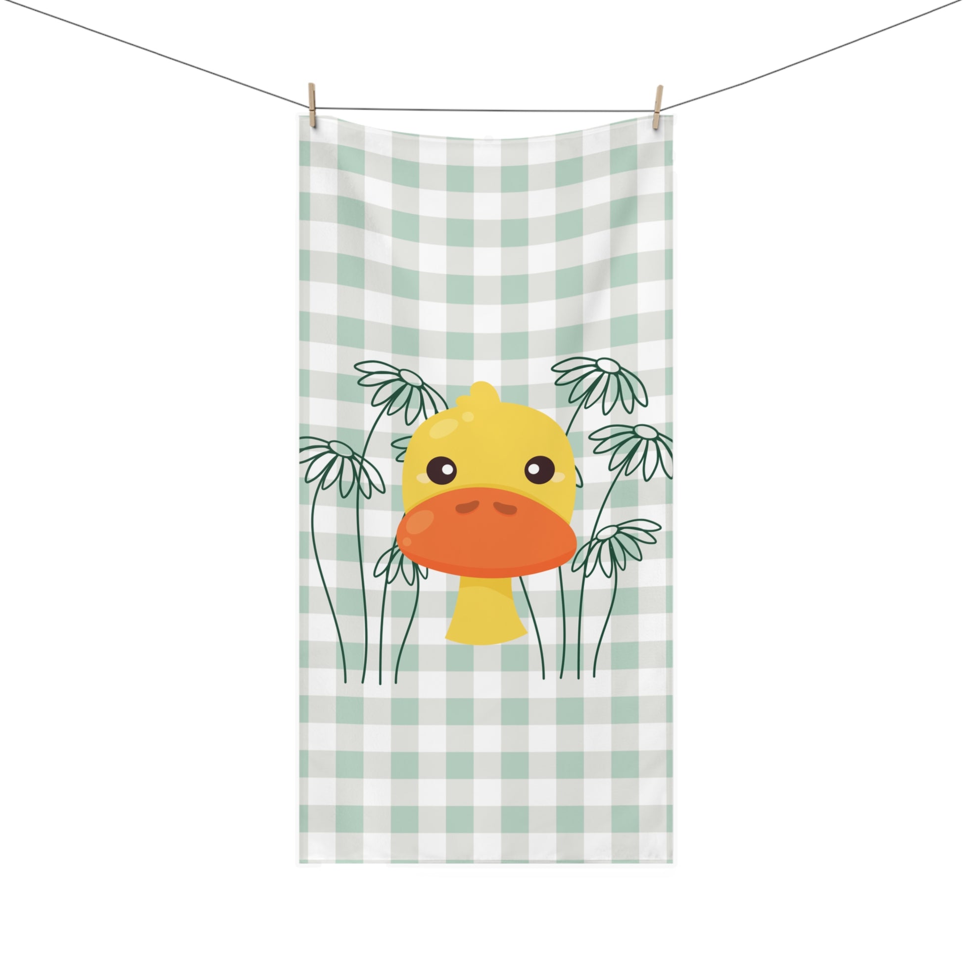 Bathroom towel featuring cheeky duck among daisies on mint green gingham – cozy cottagecore decor with playful charm