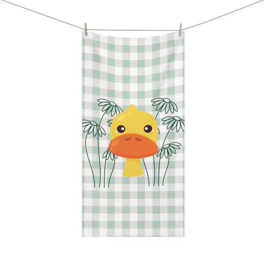 Bathroom towel featuring cheeky duck among daisies on mint green gingham – cozy cottagecore decor with playful charm