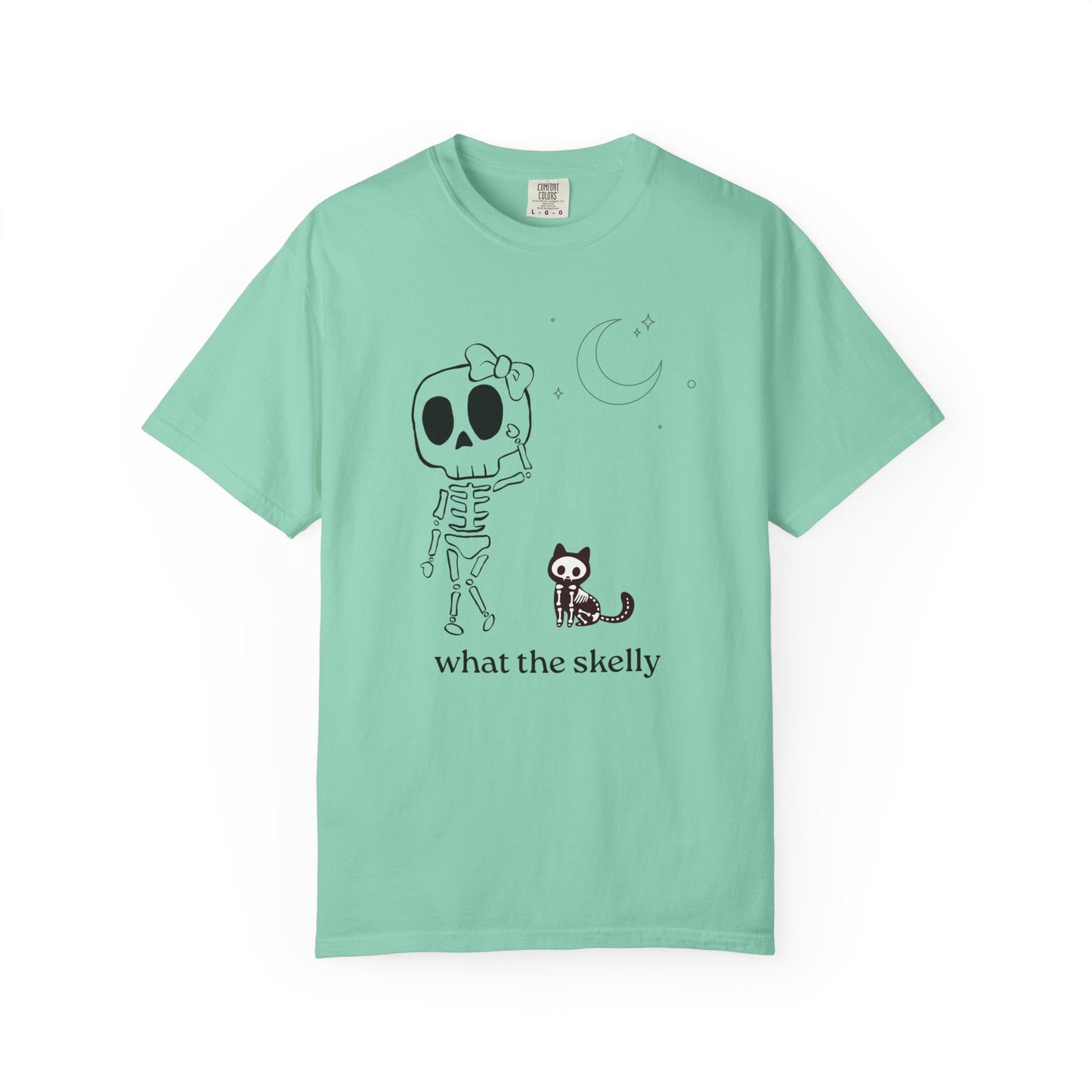 Mint Green Halloween tee with skeleton and cat graphic, perfect for whimsical October outfits and spooky season layering.