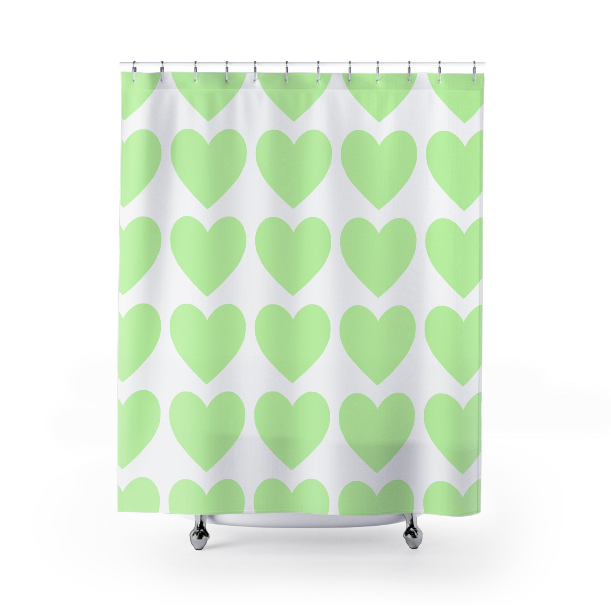 Mint green shower curtain with large heart design for college dorm bathrooms