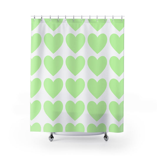 Mint green shower curtain with large heart design for college dorm bathrooms