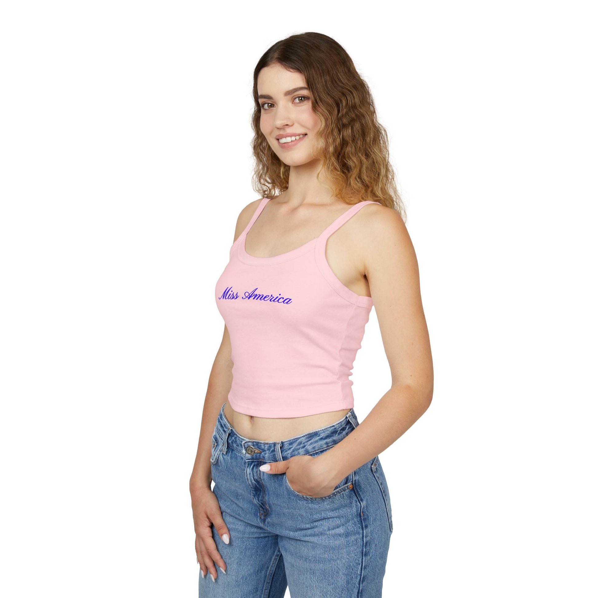 Soft baby pink tank top featuring elegant blue cursive “Miss America” text—patriotic, stylish, and perfect for Independence Day festivities.