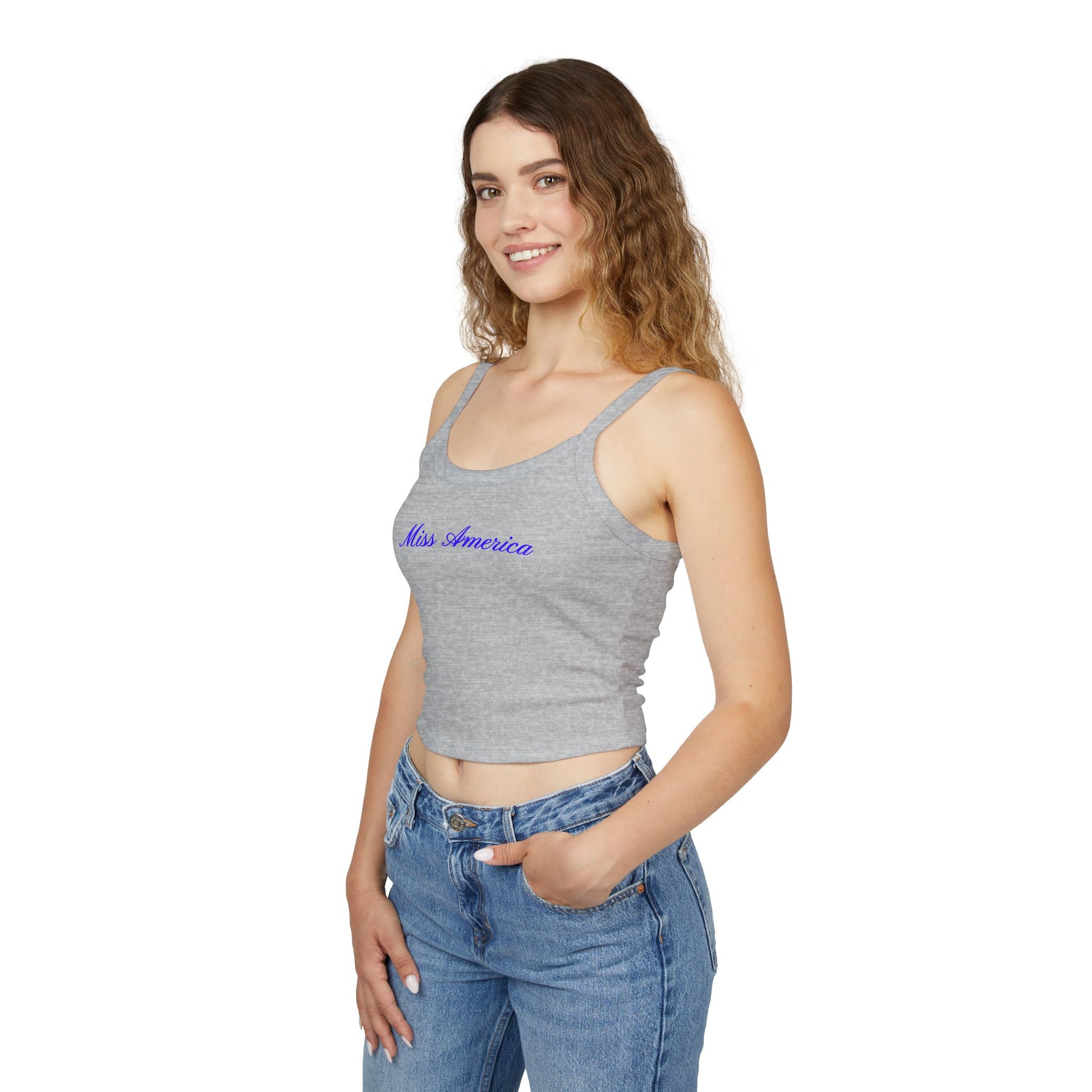 Classic light gray tank top featuring elegant blue cursive “Miss America” text—patriotic, stylish, and perfect for Independence Day festivities.