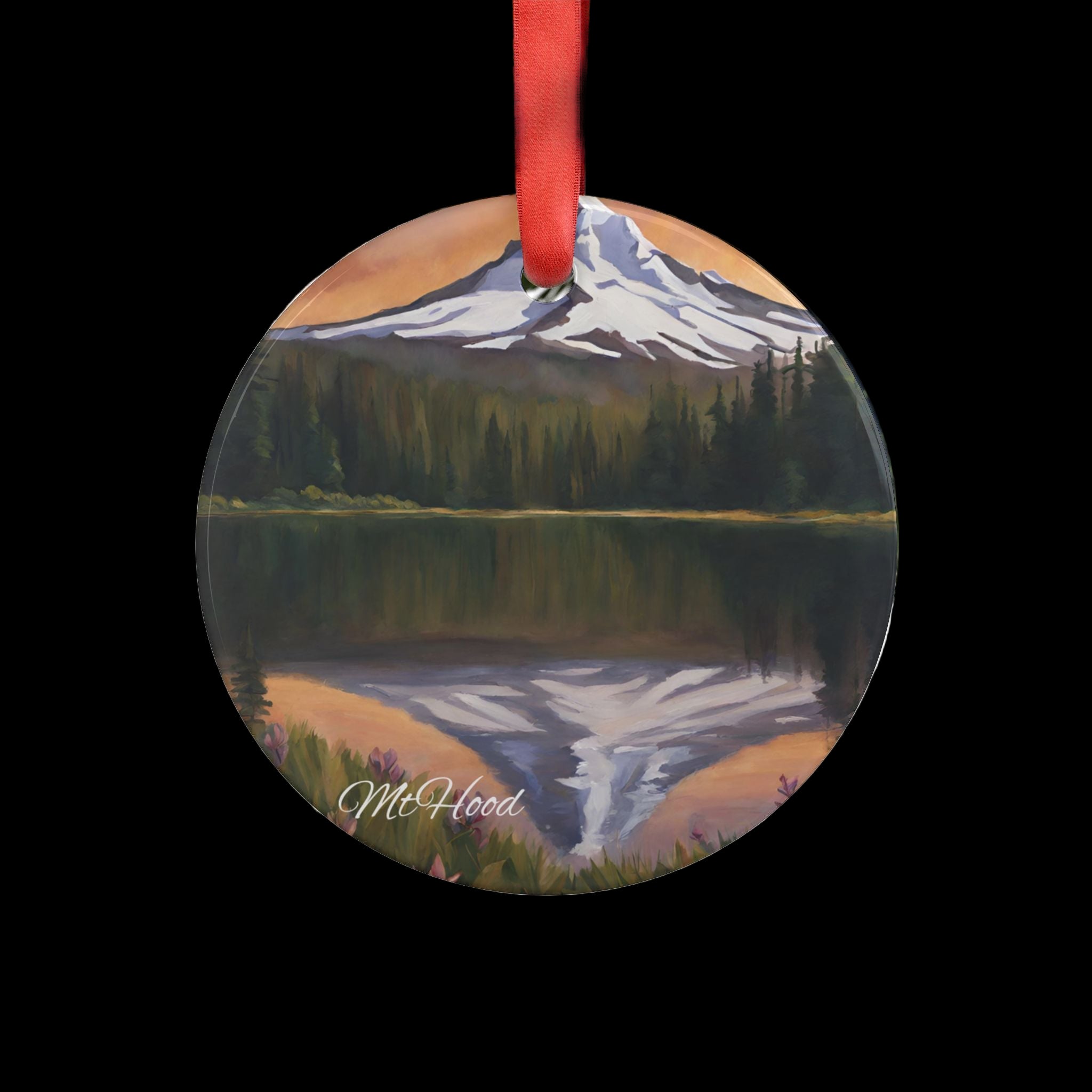 Mt Hood Trillium Lake Oregon Christmas Ornament hanging on tree branch with holiday lights in background