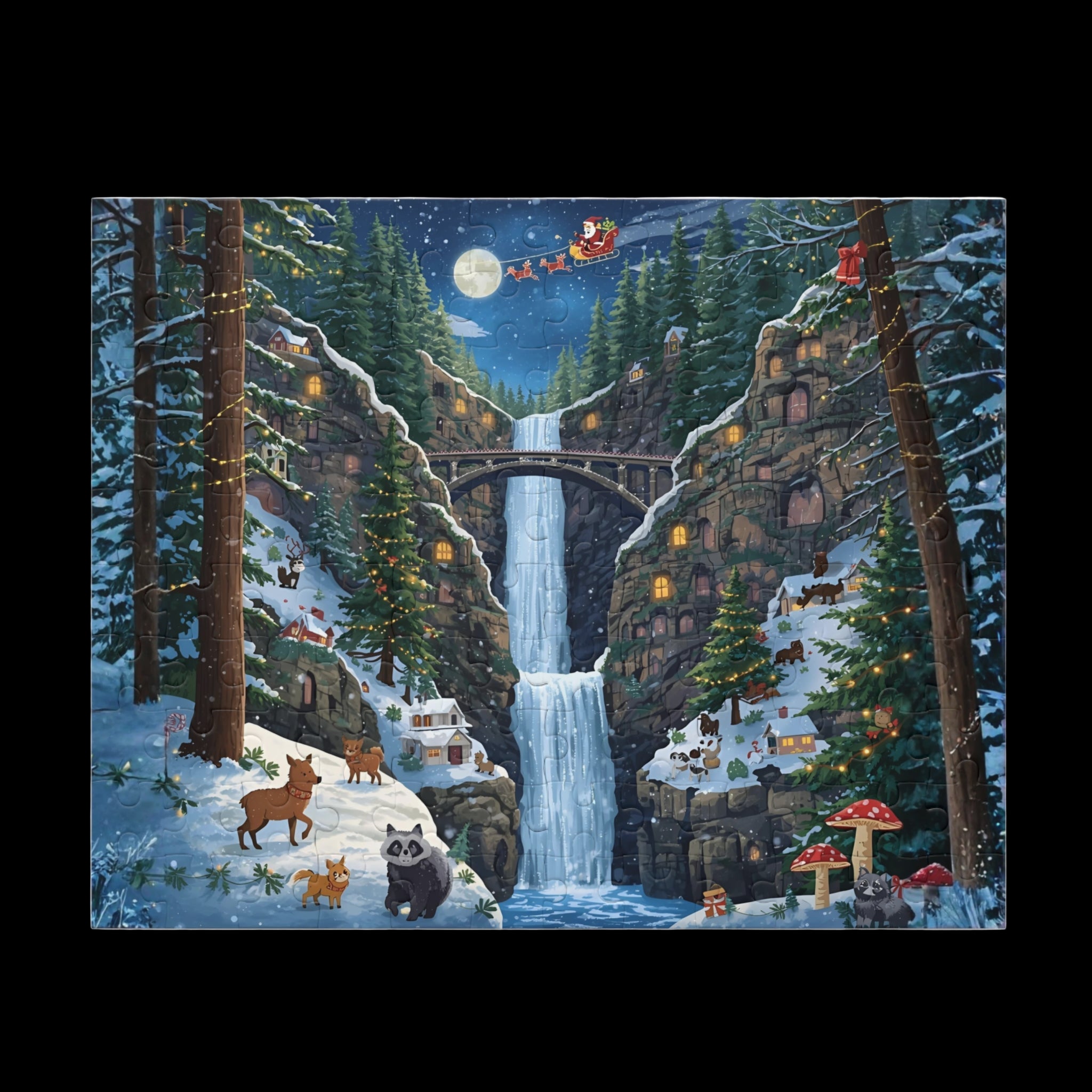 Flat lay of Magical Forest Christmas Multnomah Falls puzzle showing snowy waterfall artwork