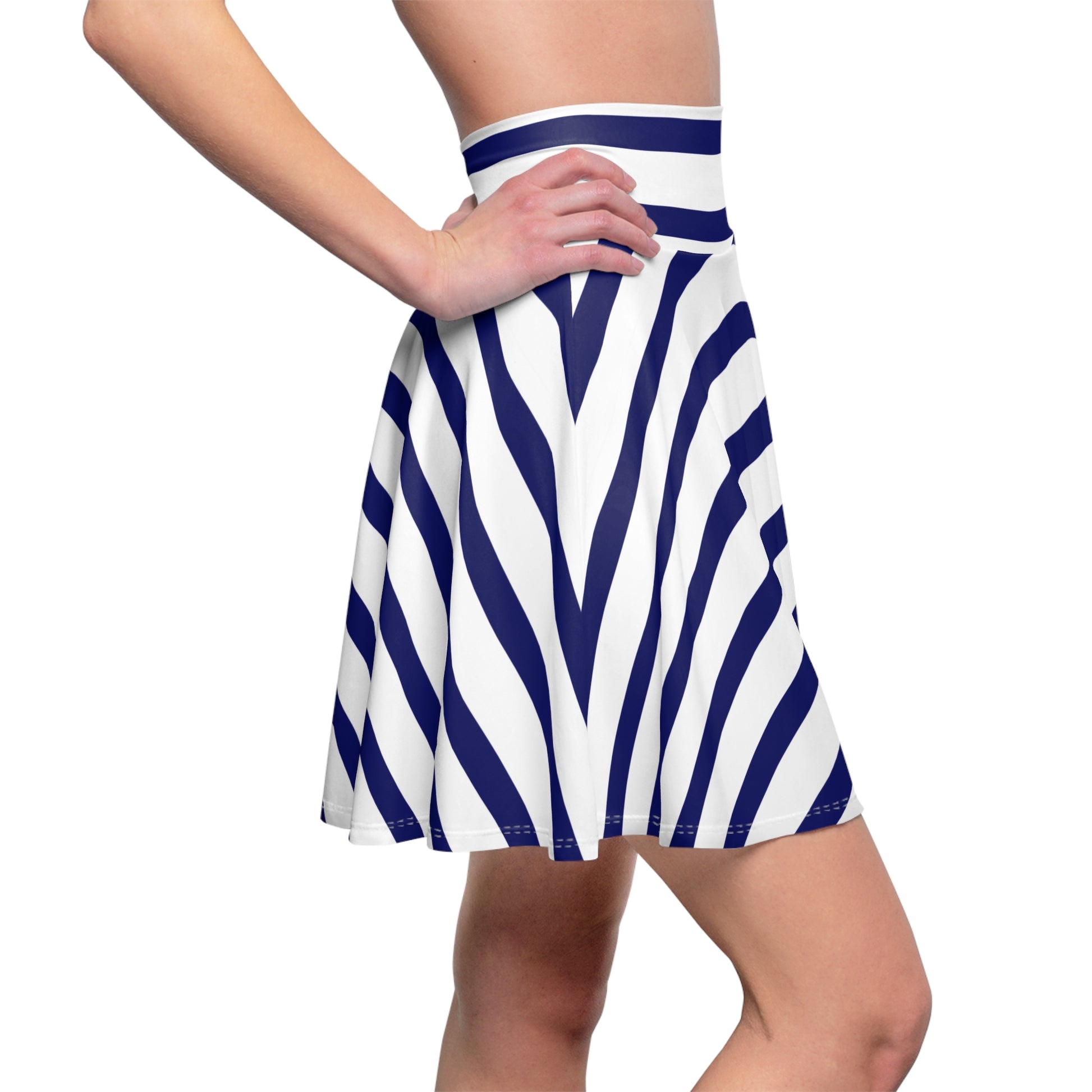 Chic navy-and-white striped skirt inspired by classic Americana fashion, perfect for festive Fourth of July celebrations.
