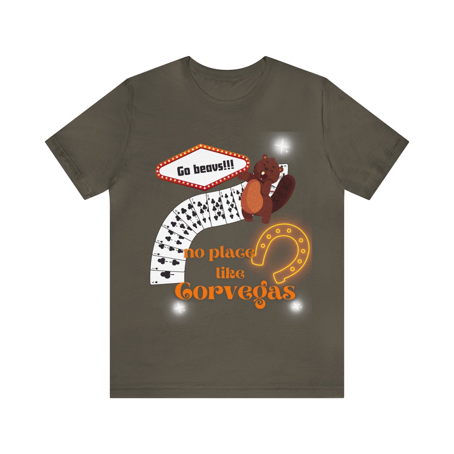 Front view of No Place Like CorVegas t-shirt in army green—earthy tone with bold black and orange graphic repping Beaver State spirit