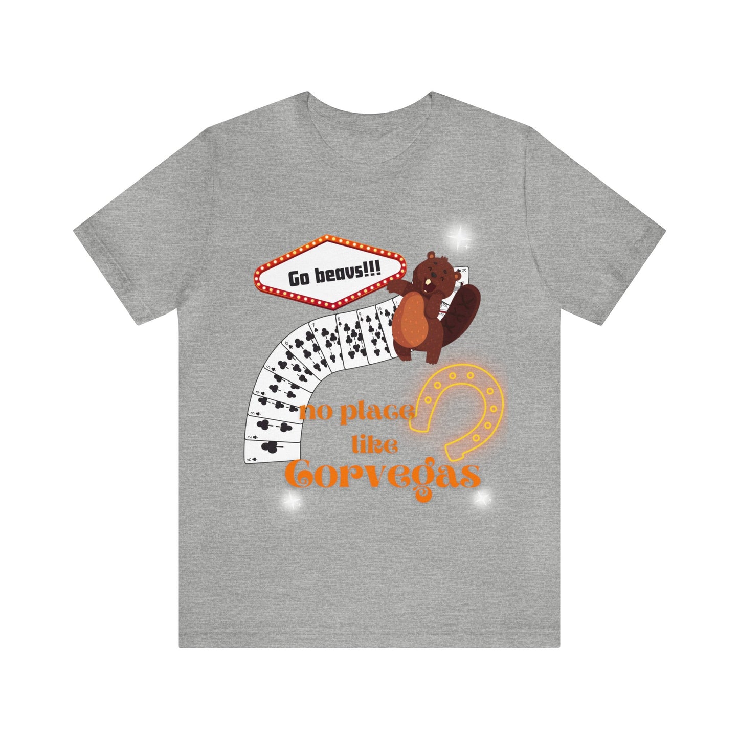 Front view of No Place Like CorVegas t-shirt in athletic heather—light gray base with retro Oregon State-inspired graphic in black and orange
