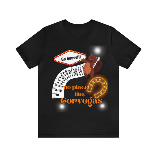 Front view of No Place Like CorVegas t-shirt in black—retro orange graphic styled for Oregon State fans and gameday pride