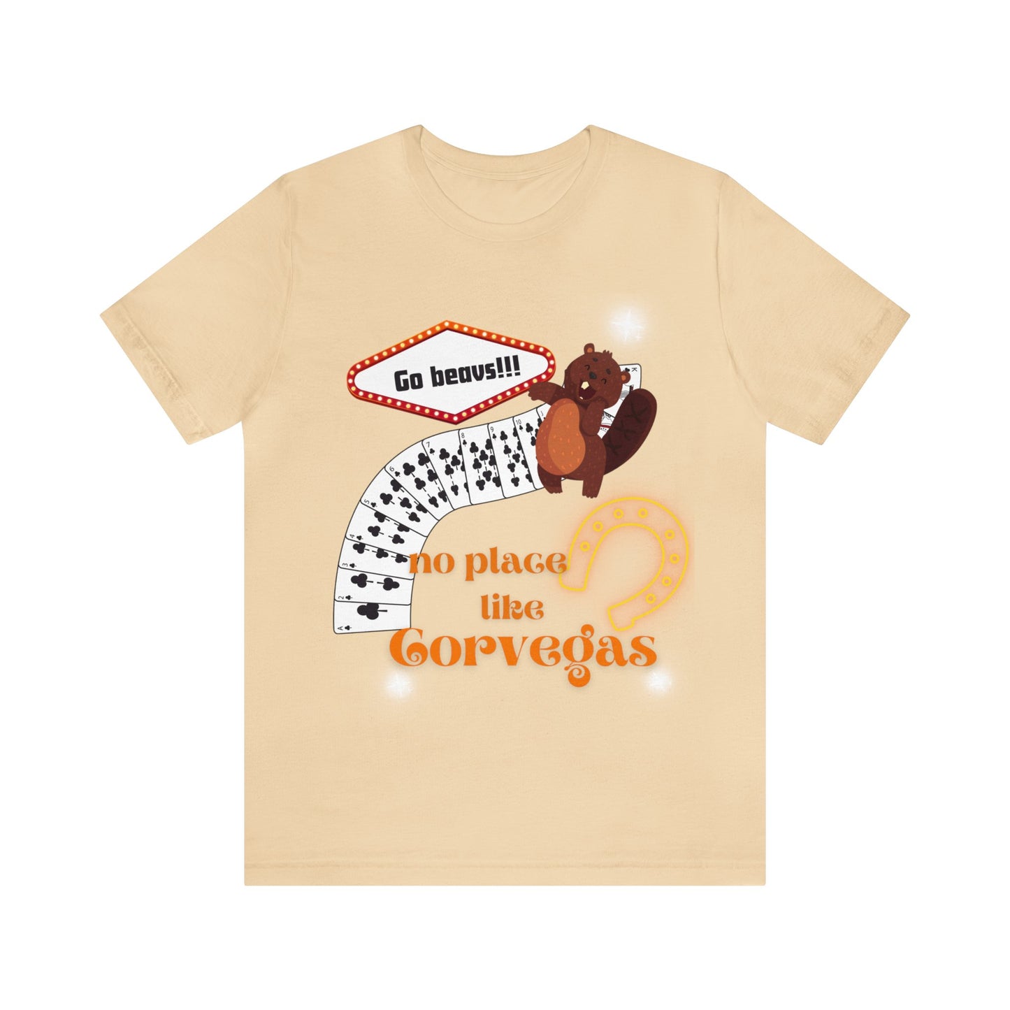 Front view of No Place Like CorVegas t-shirt in soft cream—neutral light base with black and orange retro Corvallis hometown pride graphic