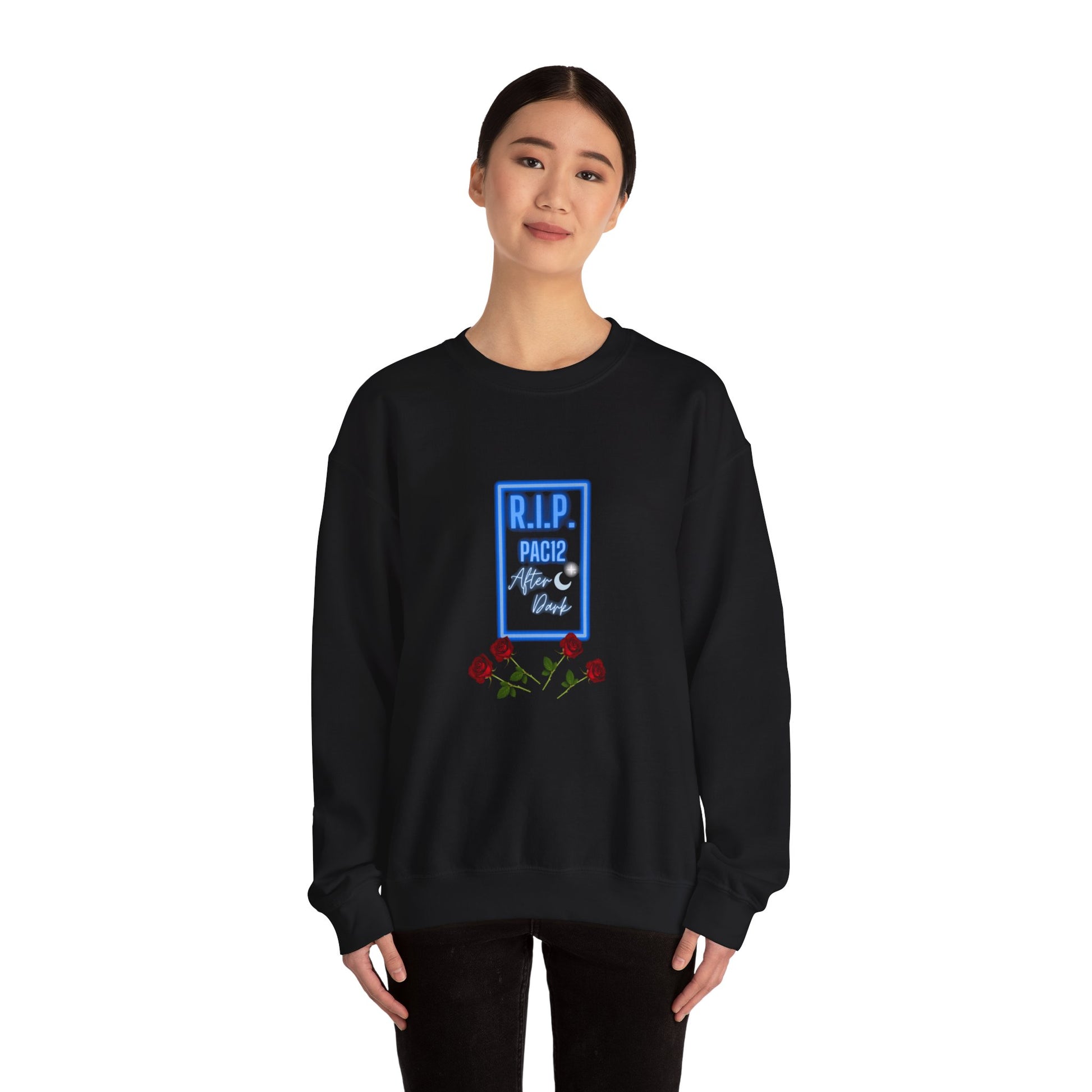 Model wearing the OG Pac-12 Legacy Crewneck Sweatshirt, representing Pac-12 nostalgia with cozy, retro-inspired style.