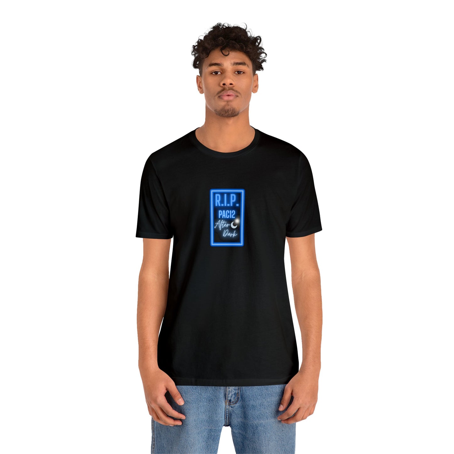 Model wearing the OG Pac-12 Legacy T-Shirt in black, showcasing retro-inspired style that honors the legendary Conference of Champions.
